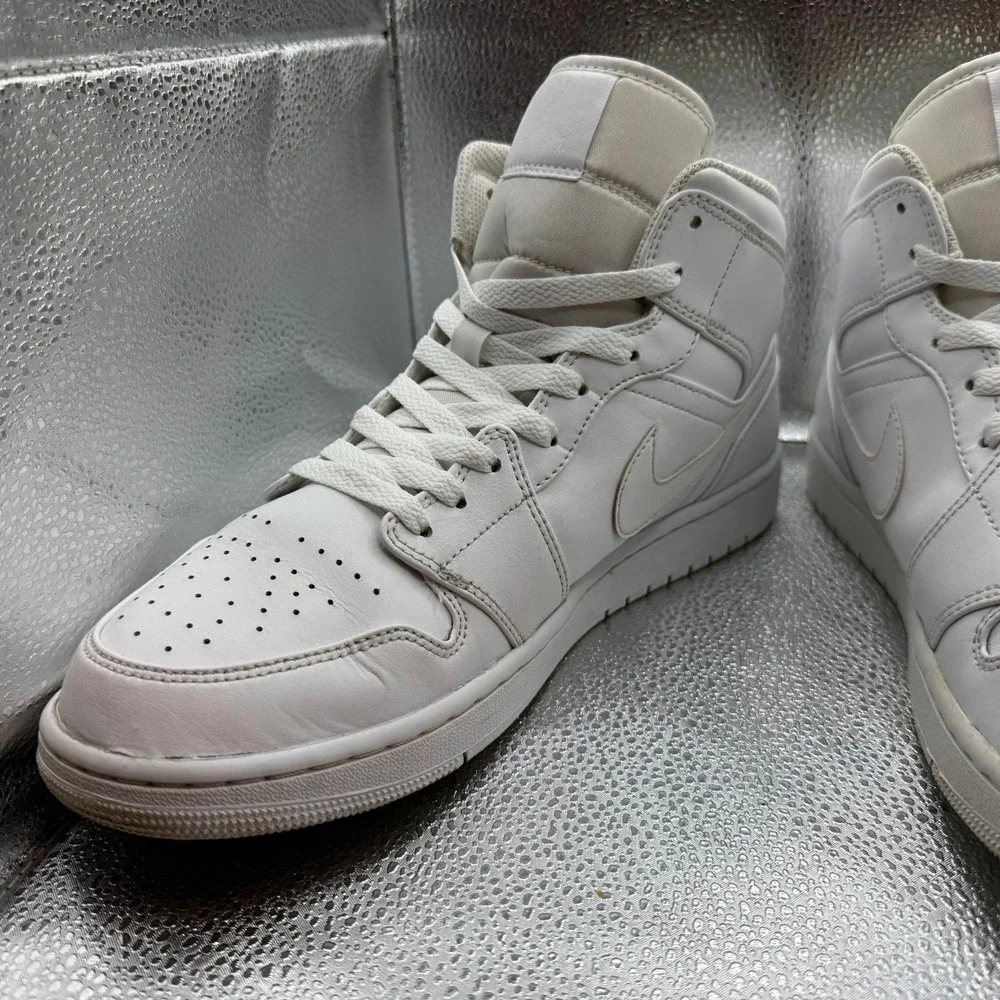 Size 12 - Nike Air Jordan 1 Mid White Leather Basketball Sneakers‎ 554724-136